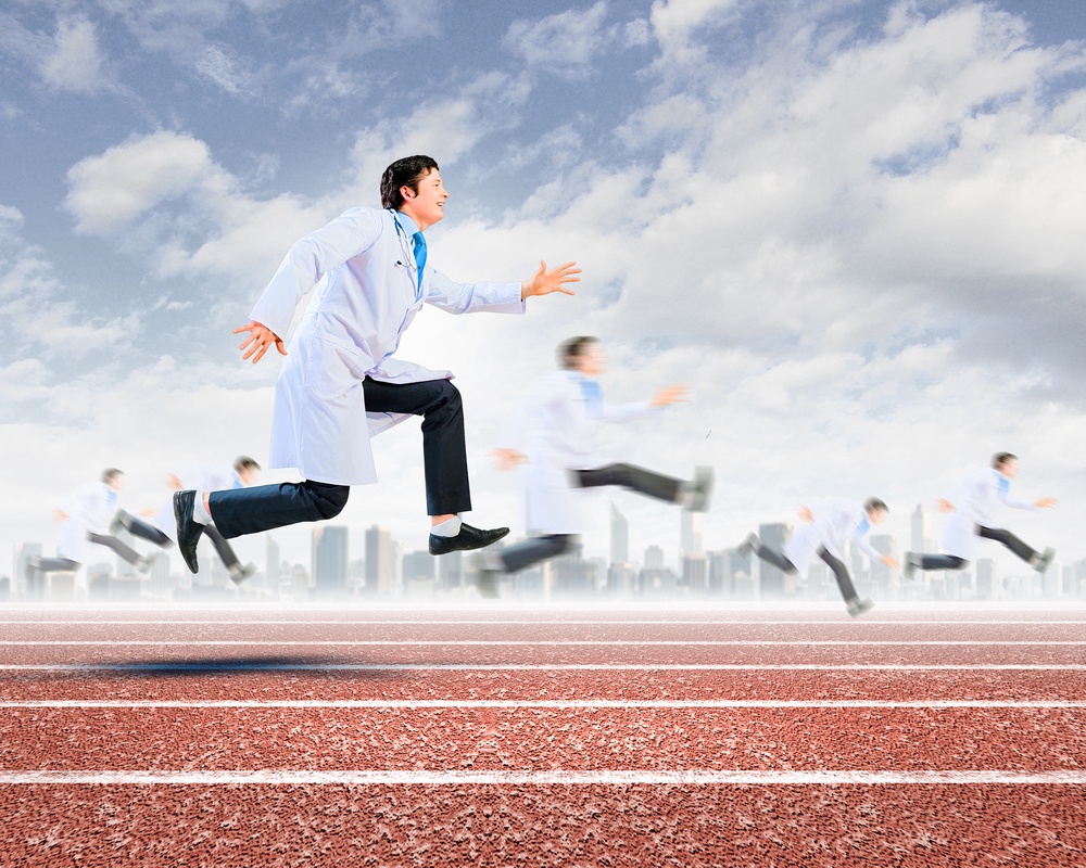 Funny image of young running doctor in white uniform